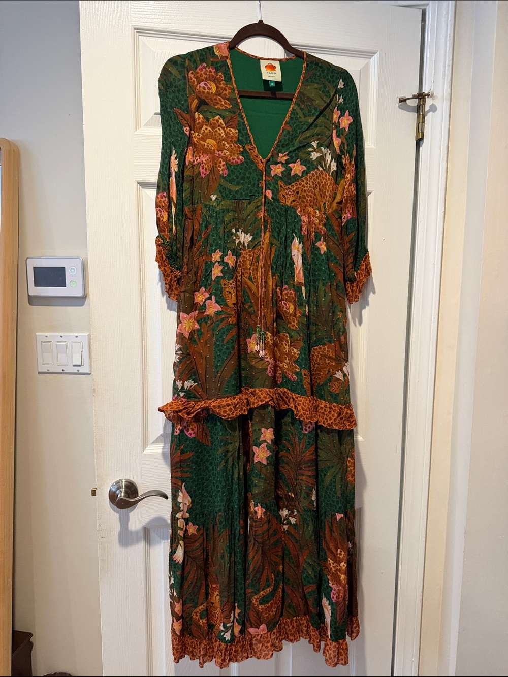 FARM Rio Green Floral Tiered Maxi Dress with Rust Accents
